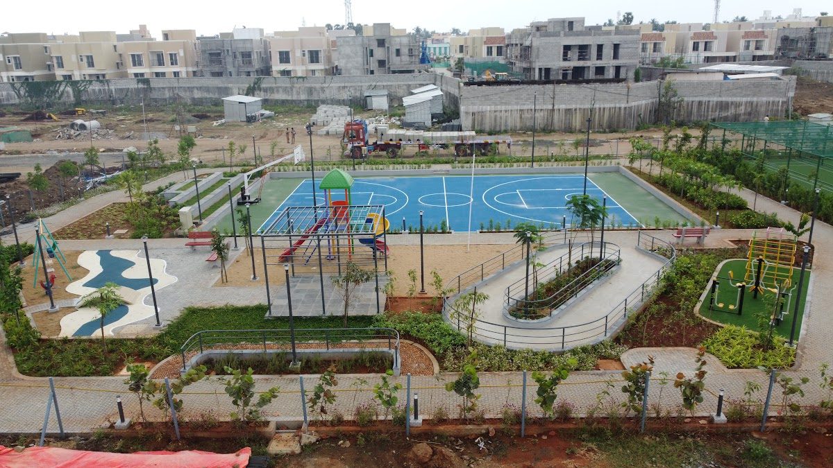 Aerial view of amenity gardens with courts and play areas