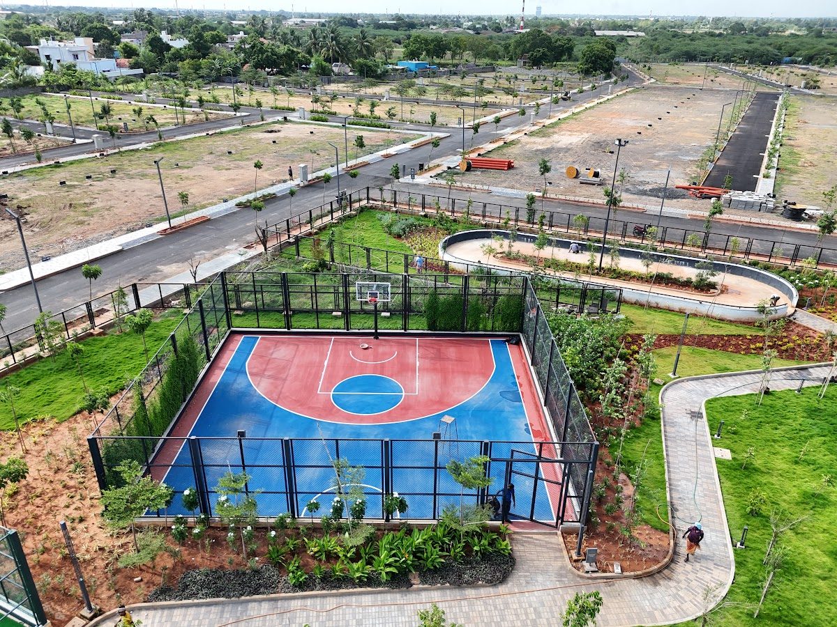 Colourful basketball court surrounded by gardens and pathways