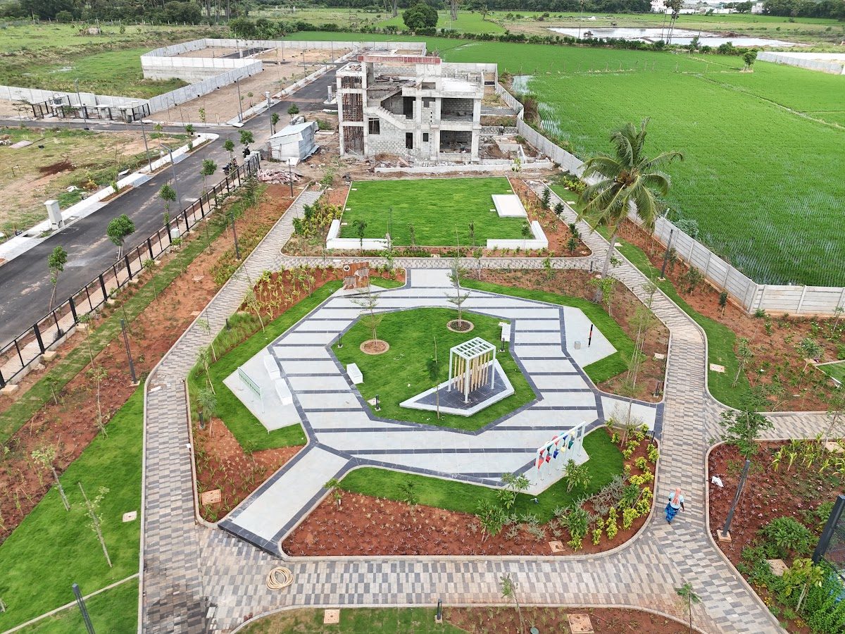 Stepped geometric garden plaza seen from above