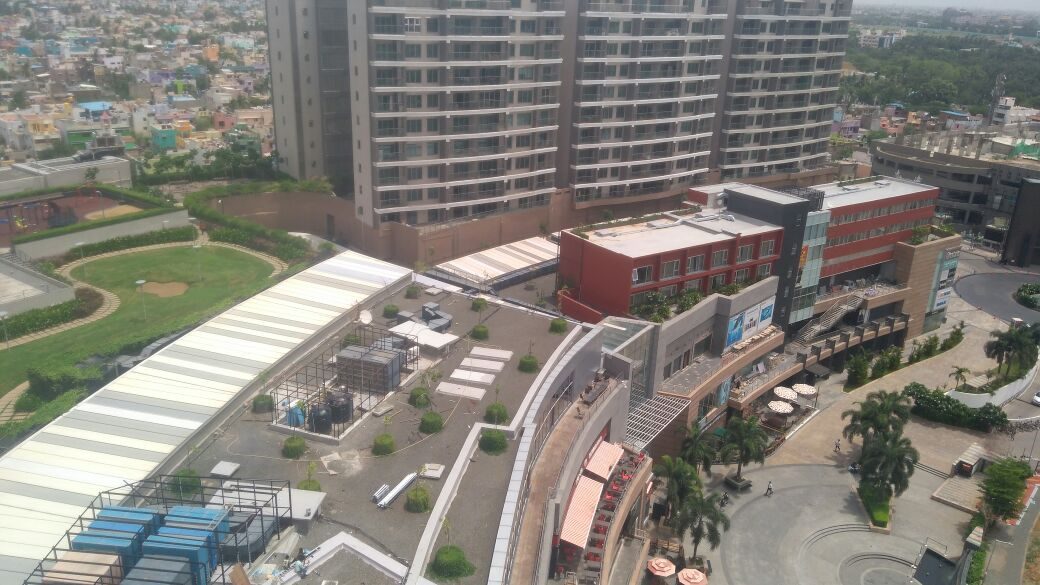 Large podium lawns with winding paths between towers