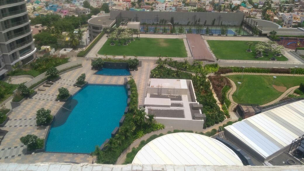Blue swimming pool on a landscaped podium with lawns