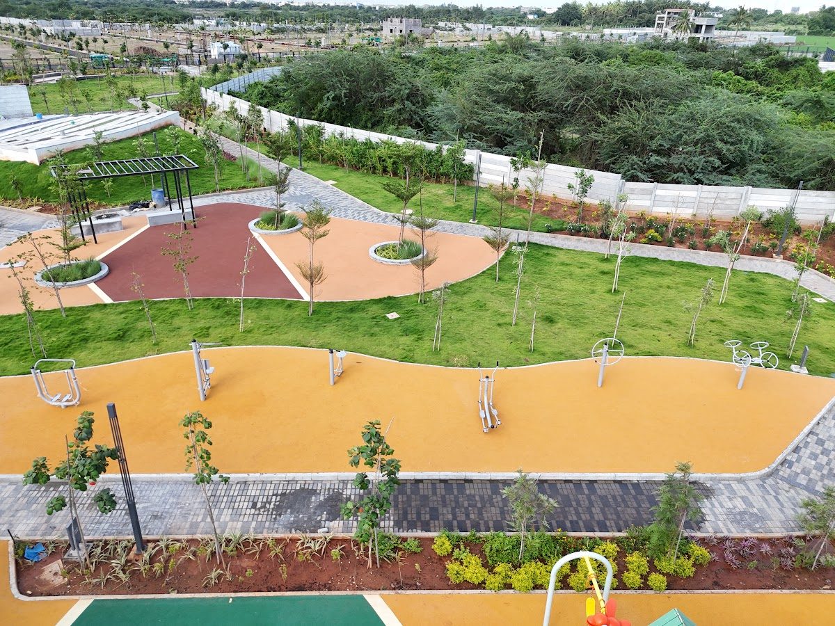 Open amenity lawns and courts seen from above