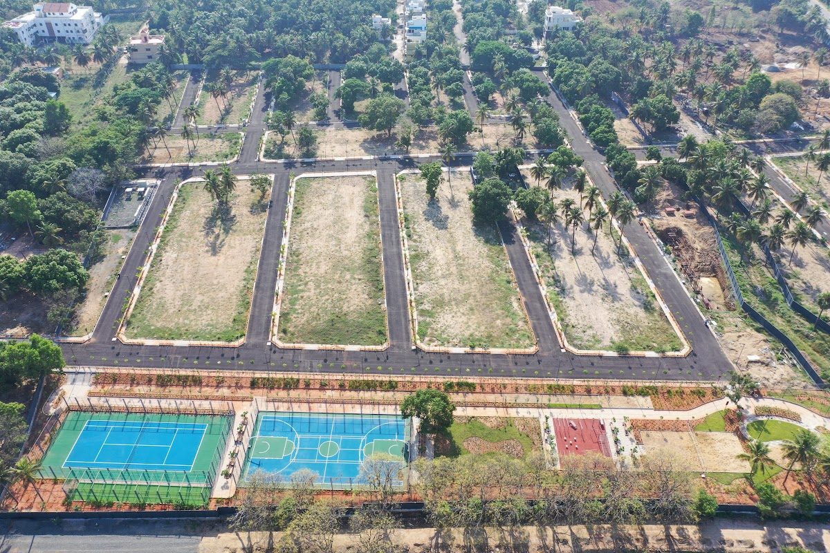 Sports courts within a planned garden layout seen from above