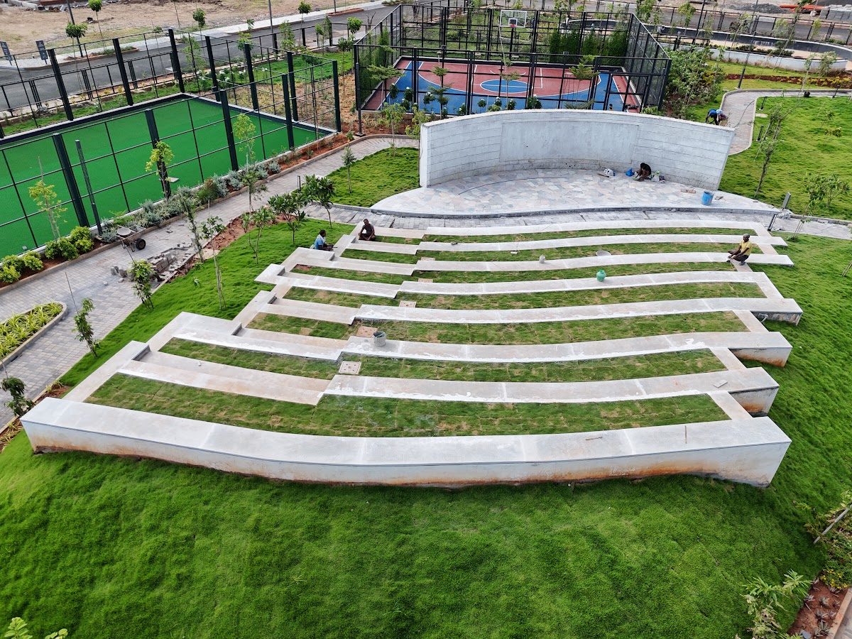 Close view of stepped grass amphitheatre terraces